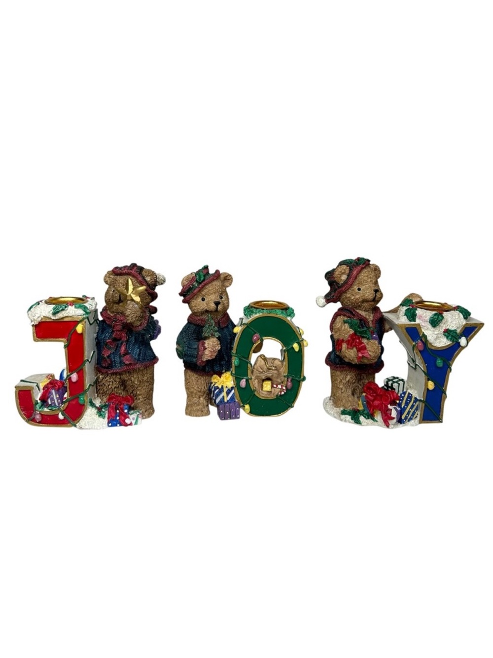 Vintage‎ Open Box Christmas Ceramic Joy 3 Teddy Bear Taper Candle Holders 1998